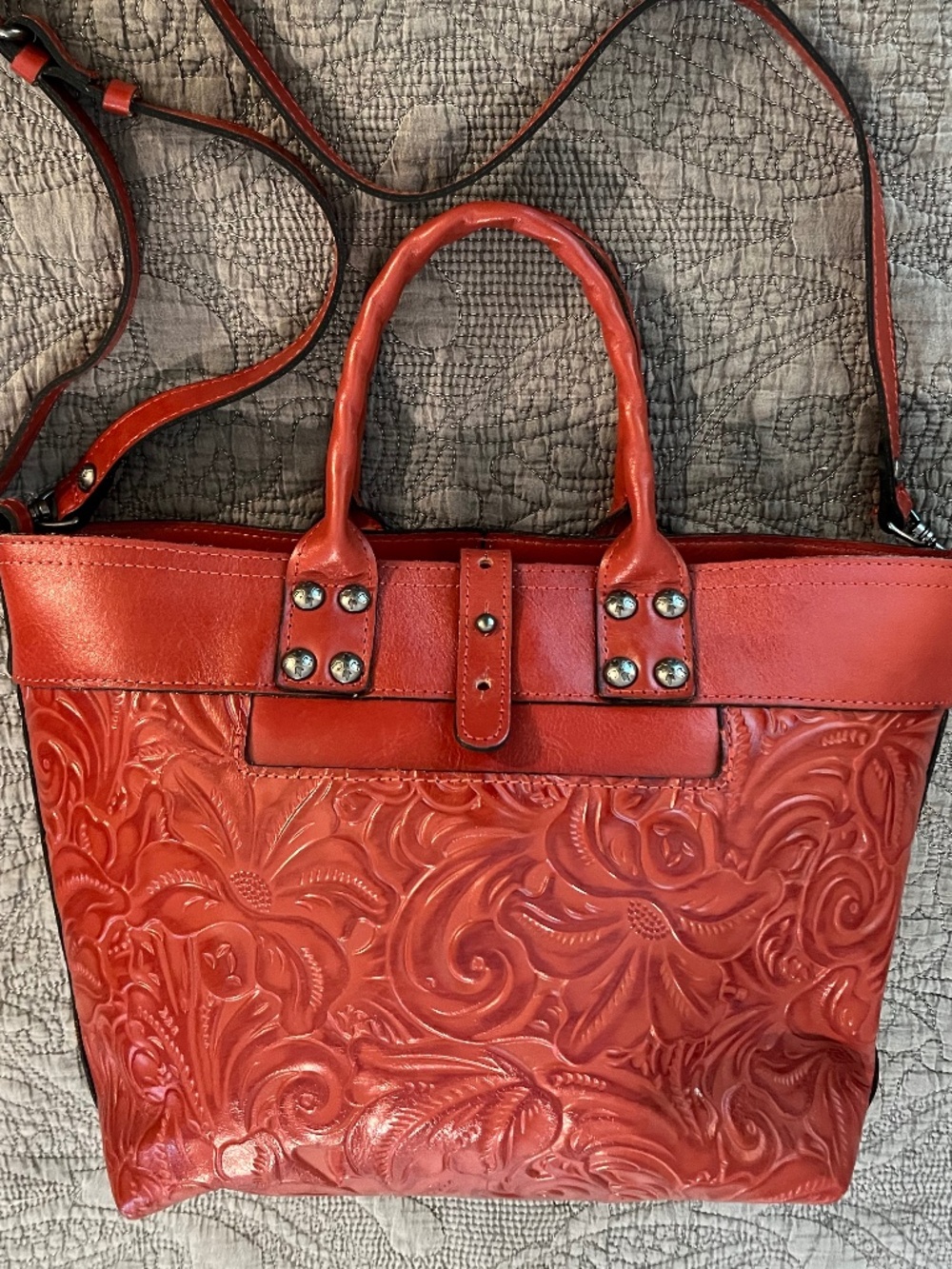 Patricia Nash Analia Tooled Red Orange Italian Leather Top Handle Crossbody Bag